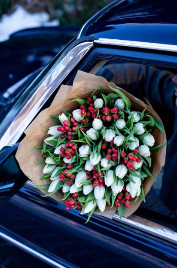Bukiet białych tulipanów i Hypericum